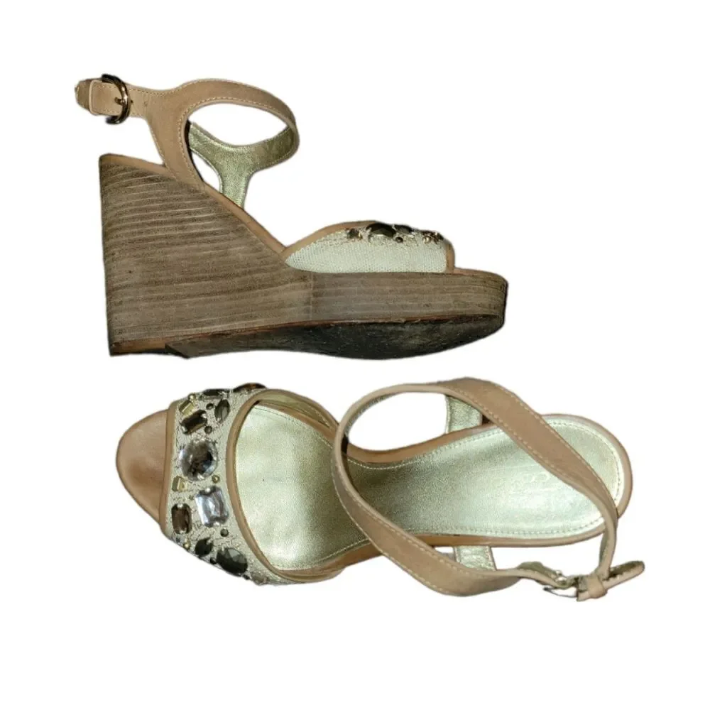 Coach Hanson Jeweled Bling Rhinestone Nude Brown Platform High Wedges Sandals 8